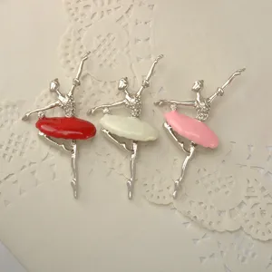 Elegant rhinestone ballerina brooch set featuring red white pink enamel skirts for women.