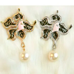 Vintage Human Face Leaf Brooch Pin Alloy Rhinestone Artificial Pearl Elegant Coat Scarf Accessories Jewelry