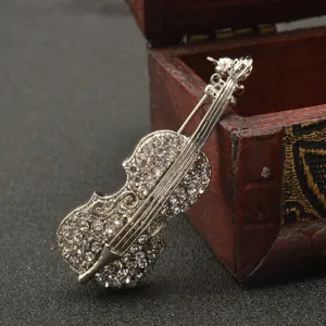 Exquisite rhinestone violin brooch, sparkling crystal crystal alloy pin for women apparel.