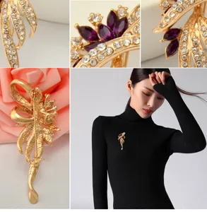 Vintage gold rhinestone brooch pin with purple crystal leaves, elegant detail jewelry for women