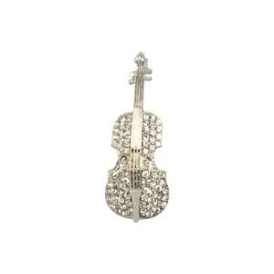 Exquisite silver violin rhinestone brooch pin, sparkling crystal alloy lapel jewelry for women.