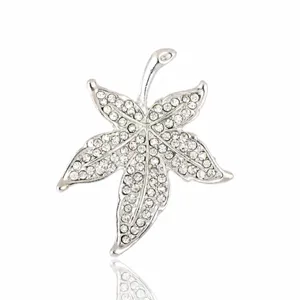 Shiny silver rhinestone maple leaf brooch pin, elegant suit accessory for women fashion.