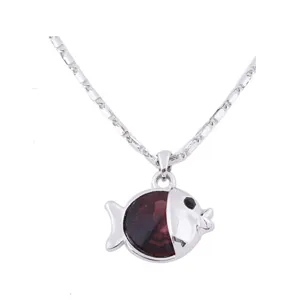 Crystal fish necklace for women, cute silver pendant with sparkling red stone jewelry.