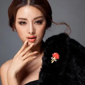 Elegant red carnation rhinestone brooch pin for women fashion clothing accessory gift.