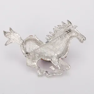 Zinc alloy running horse brooch pin, fashion accessory with enamel and rhinestones.