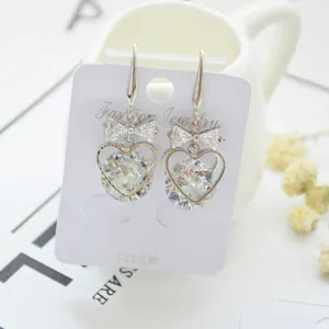 Silver long zircon heart earrings fashion jewelry, elegant design for women daily wear.