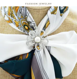 Rhinestone silk scarf ring detail shot, zinc alloy pearl buckle for elegant women wear.