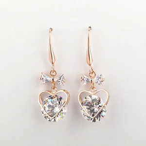 Fashion long rose gold heart zircon bow drop earrings for women daily wear jewelry gift