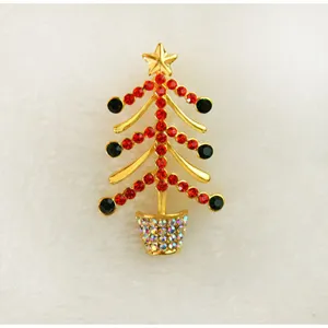Broche sapin de noël avec strass rouges et verts ton or brillant bijou cadeau de fête