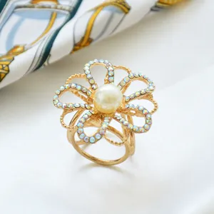 Gold rhinestone flower scarf ring, elegant zinc alloy pearl shawl buckle for women.
