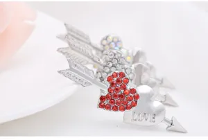 Crystal double heart arrow brooch, silver fashion clothing pin, elegant rhinestone love gift.