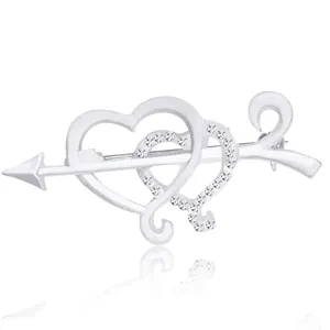 Silver rhinestone double heart arrow brooch detail, elegant crystal love pin jewelry accessory.