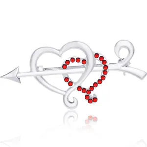 Elegant double heart arrow brooch with red rhinestones, perfect fashion jewelry gift for women.