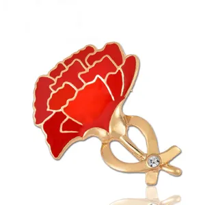 Red Carnation Brooch Rhinestone Alloy Enamel Flower Pin Fashion Accessories For Women Mothers Day Gift