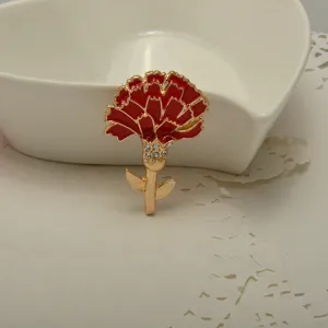 Red carnation brooch, zinc alloy rhinestone flower pin for Mother's Day gift fashion jewelry.
