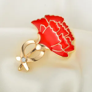 Elegant red carnation brooch with gold-plated stem and rhinestone, stylish apparel accessory main view