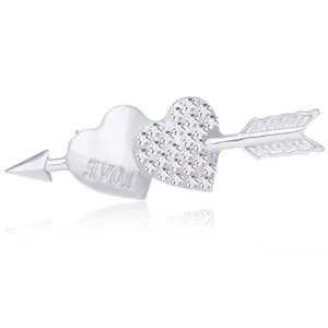 Silver double heart arrow brooch detailed view, sparkling crystal rhinestones and love engraving.