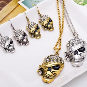 Punk rhinestone skull jewelry set including statement necklace and matching dangle earrings.