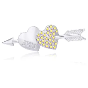 Silver-tone double heart arrow brooch with crystal rhinestones, romantic fashion pin.