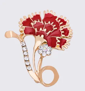 Red enamel carnation brooch with sparkling rhinestones, elegant zinc alloy gift for Mother's Day.