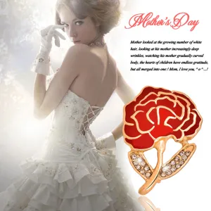 Exquisite carnation brooch featuring red enamel and sparkling rhinestones, perfect for Mother's Day.