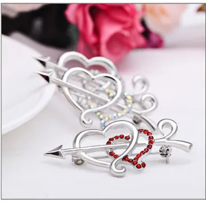 Silver double heart arrow rhinestone brooch elegant fashion jewelry for women main