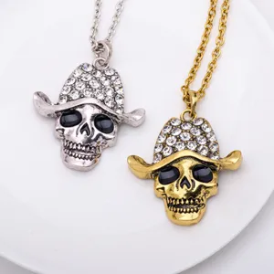 Punk skull pendant necklace with rhinestone cowboy hat, stylish gothic metal jewelry set.