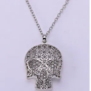 European style rhinestone skull necklace, hollow silver pendant sweater chain for daily wear.
