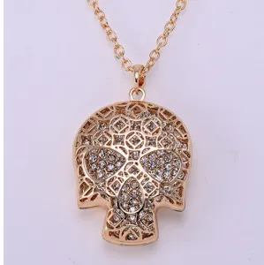 Gold rhinestone hollow skull pendant necklace, stylish gothic sweater chain jewelry for women.