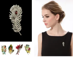 Vintage rhinestone peacock feather brooch crystal lapel pin elegant dress accessories for women