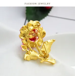Exquisite gold-plated alloy camellia flower brooch detail view showing pin clasp and back structure.