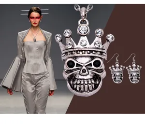 Punk stile corona teschio collana orecchini set vintage argento strass gioielli regalo