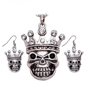 Punk Gotico Teschio Corona Collana E Orecchini Set Lega Strass Vintage Halloween Festa Gioielli Per Unisex
