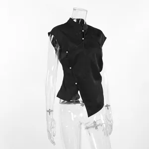 Neues chinesisches schwarzes Jacquard ärmelloses Oberteil Stehkragen asymmetrische Perle Bluse