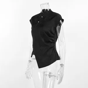 Chinesischer Stil schwarzes Jacquard ärmelloses Top mit Stehkragen und Perlenknöpfen Detail.