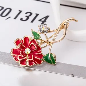 Exquisite red carnation flower brooch pin with sparkling rhinestones for women daily wear.