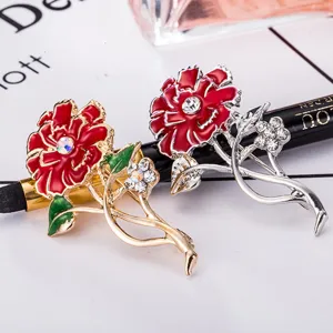 Elegant red enamel carnation brooch set, stylish metallic floral lapel pin for women