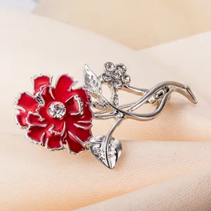 Elegant Red Enamel Carnation Flower Rhinestone Brooch Pin for Women Dress Accessory