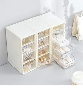 Bureau-organizer detail met transparante lades en wit multi-tier opbergontwerp getoond.