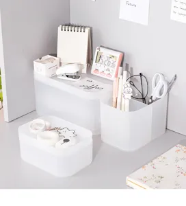 Clear frosted plastic desk organizer storage box with lid for stationery and cosmetics.