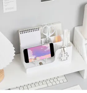 Detailed view of white multi-functional desktop organizer, perfect for neat stationery.