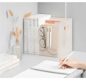 Transparent plastic book storage box desktop organizer for classroom book details view.