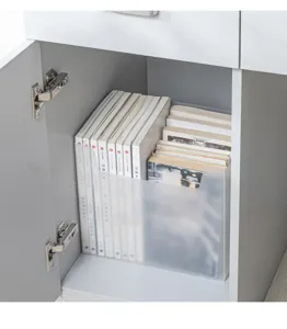 Clear plastic book storage box detail showing neat organization inside cabinet shelf.