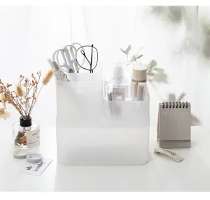 Transparent frosted desktop storage box plastic stackable cosmetic organizer for dorm and office use.