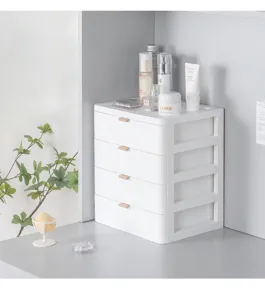 Organizer da scrivania con cassetti in plastica bianca a 4 strati minimalista per trucchi.