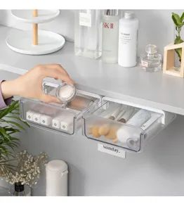 Under desk storage drawer clear plastic organizer tray for office stationery and cosmetics.