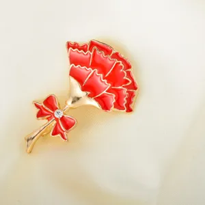 Elegant red carnation brooch with bow and crystal, perfect gift for Mother's Day and women.