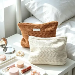 Knitted cosmetic bag featuring a textured herringbone design, perfect for daily makeup storage.