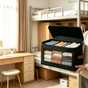 Opvouwbare stoffen opbergdoos met doorzichtig venster, grote kledingorganizer voor de slaapkamer.