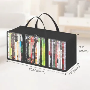 Vista dettagliata borsa porta CD DVD nera con finestra in PVC trasparente e pratiche maniglie.